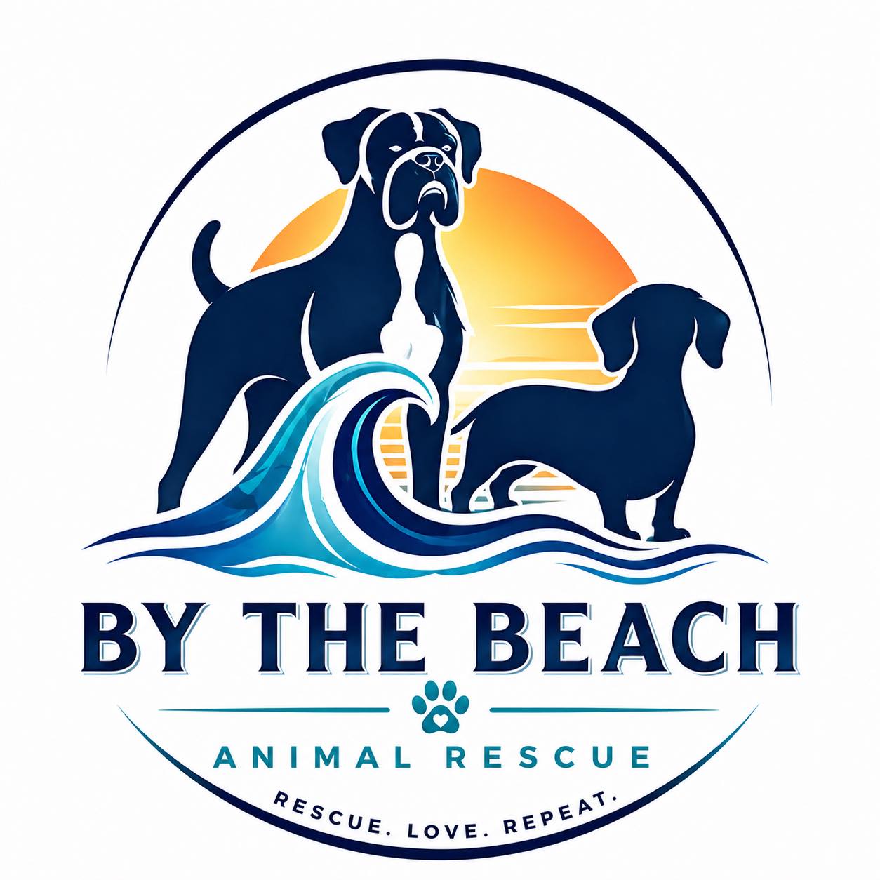 By The Beach Animal Rescue logo featuring two dog silhouettes and an ocean wave
